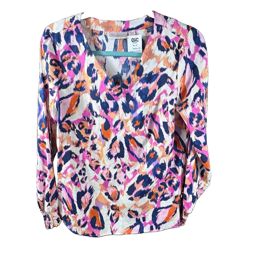 Belle Kim Gravel Vibrant Abstract Animal Print Smocked Sleeve Women's Top XS New